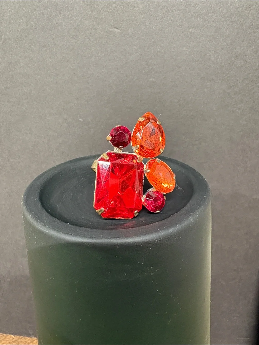 Vintage Bold Red and Orange Faux Crystal Cocktail Ring - Women Jewelry